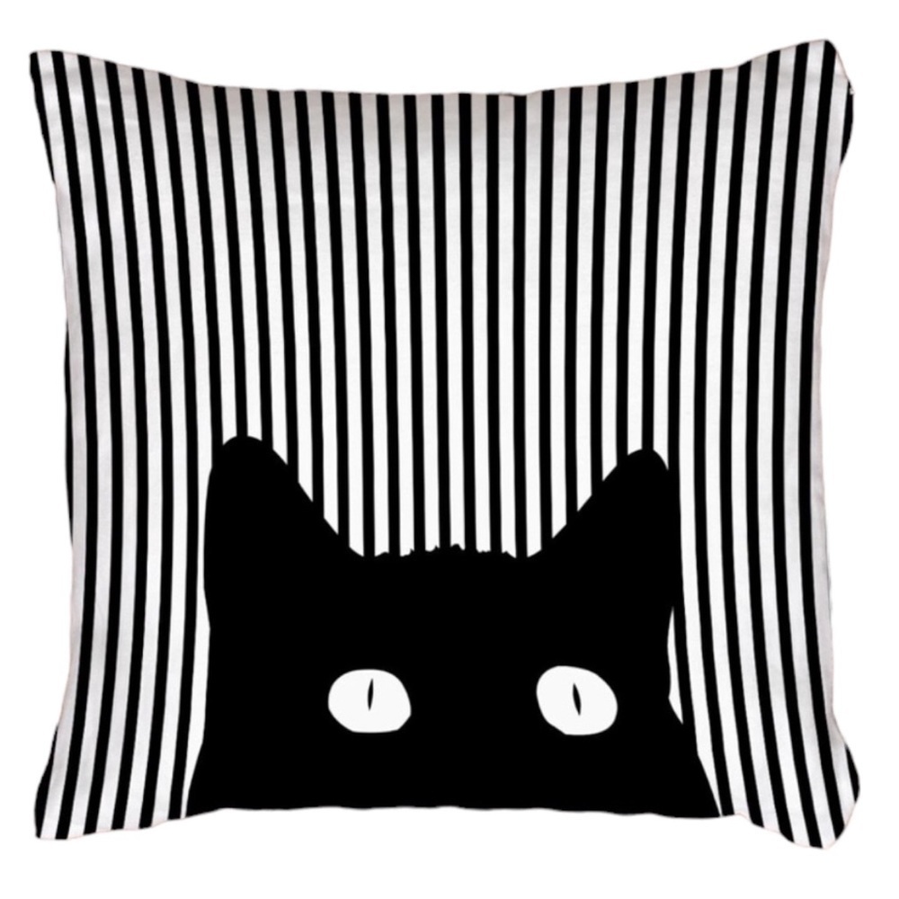Cat Theme Pillow Cover Zippered Decorative Square Black White 17.7 in X 17.7 in